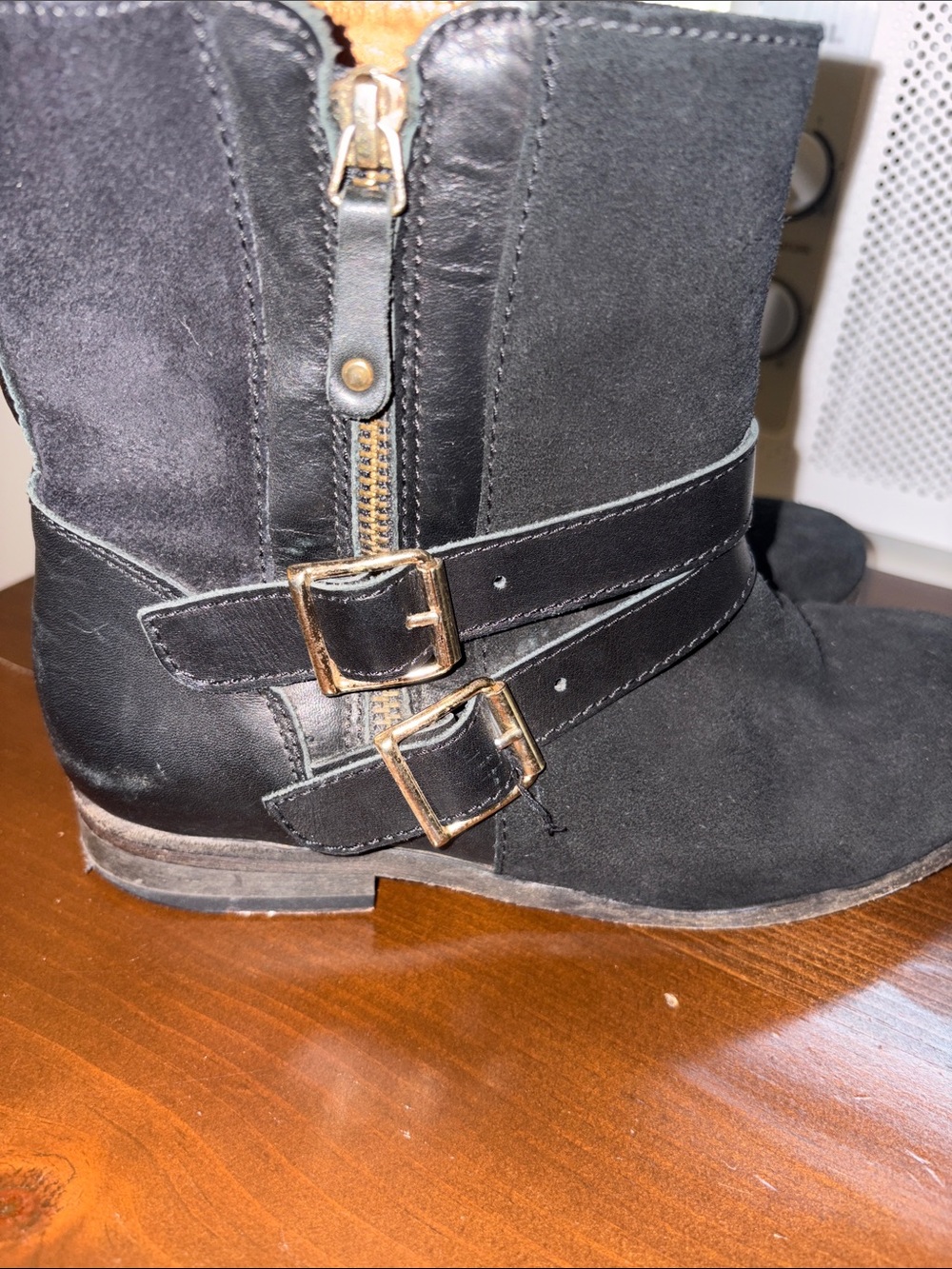 Sezane Black Suede & Leather Ankle Boots with Gold Buckles